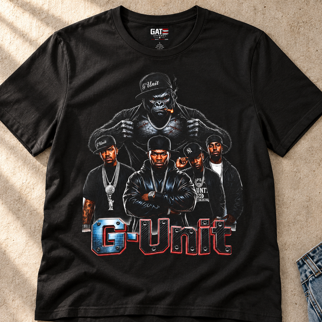 G-Unit Retro Rap Group Shirt | Hip-Hop Graphic Tee — close-up lifestyle flat lay