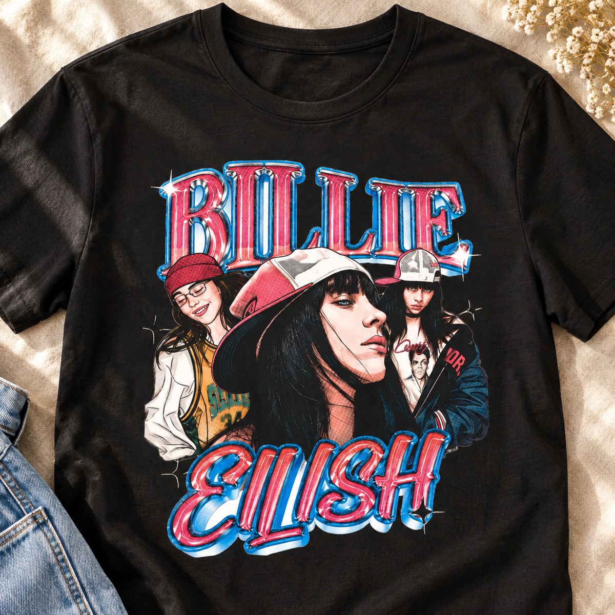 Billie Eilish Retro Portrait Shirt | Pop Music Graphic Tee — close-up lifestyle flat lay