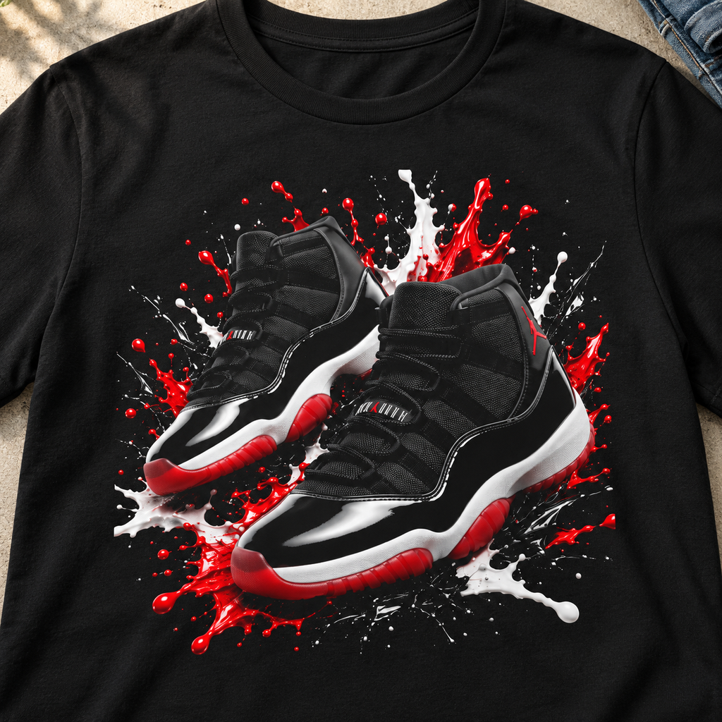 Sneaker Splash Shirt | Black & Red Basketball Shoe Tee — close-up lifestyle flat lay