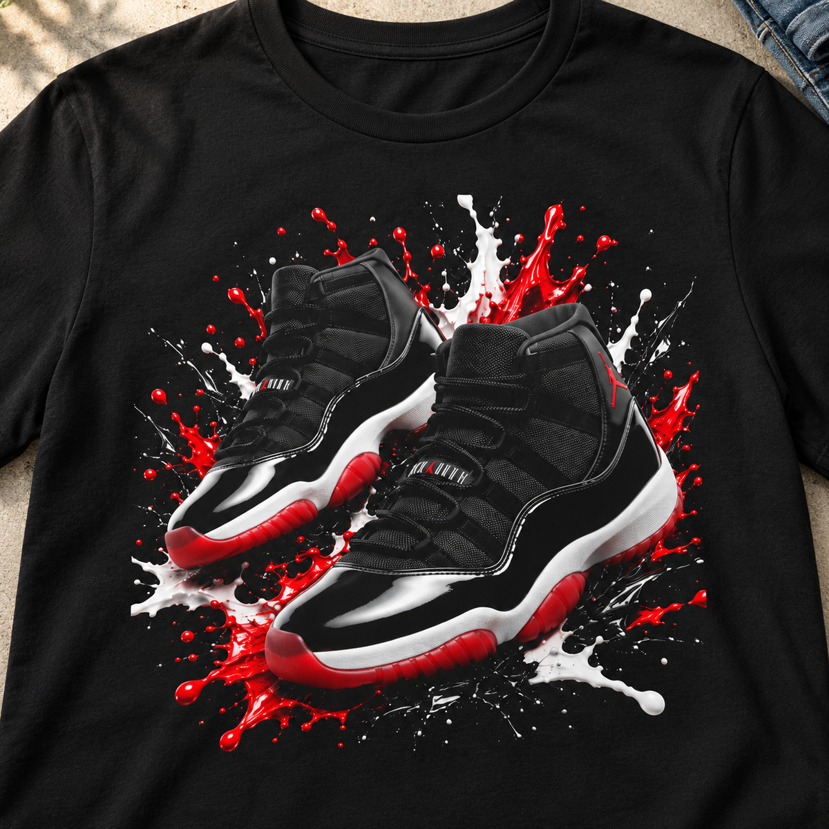 Sneaker Splash Shirt | Black & Red Basketball Shoe Tee — close-up lifestyle flat lay