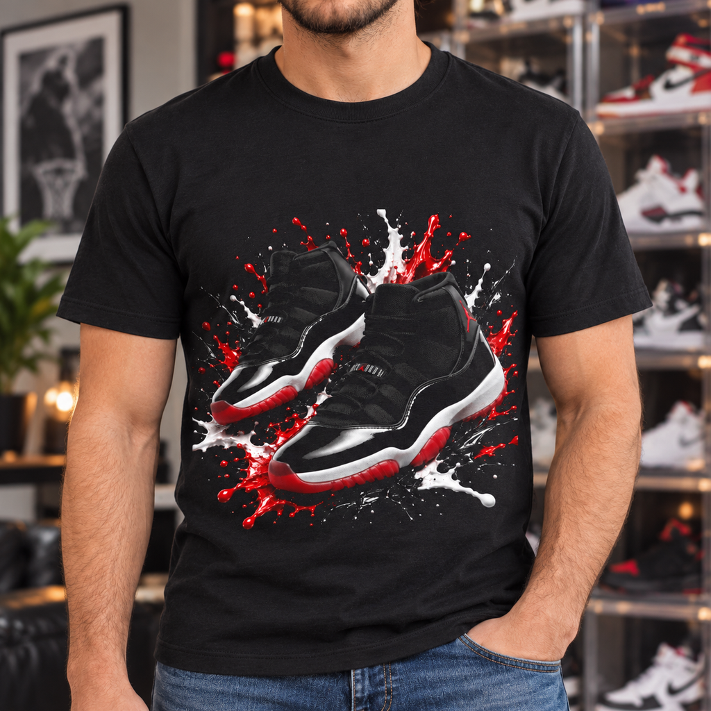 Sneaker Splash Shirt | Black & Red Basketball Shoe Tee — close-up lifestyle mockup