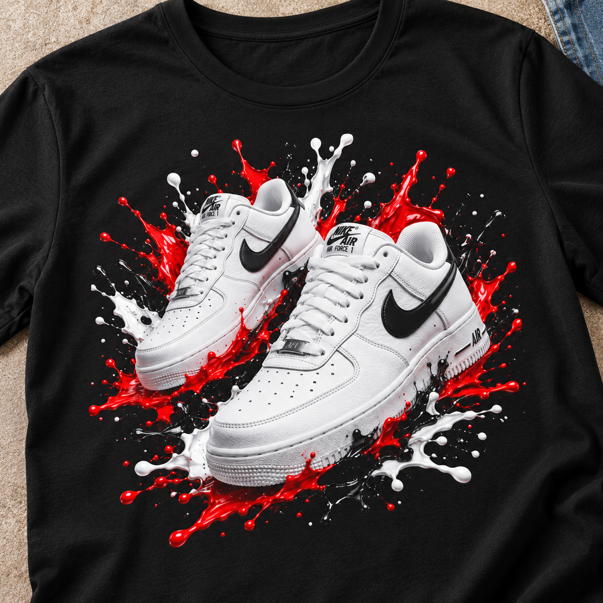 White Sneaker Splash Shirt | Streetwear Shoe Graphic Tee — close-up lifestyle flat lay