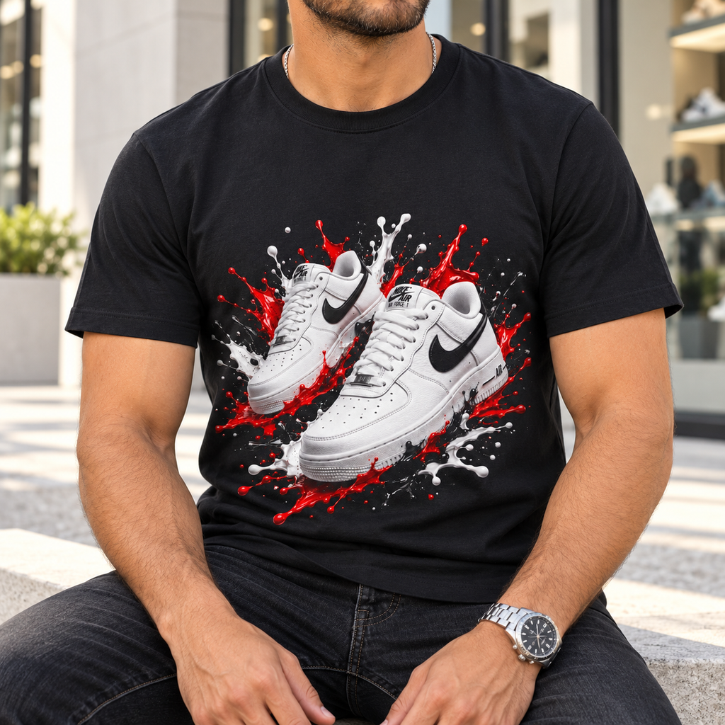White Sneaker Splash Shirt | Streetwear Shoe Graphic Tee — close-up lifestyle mockup