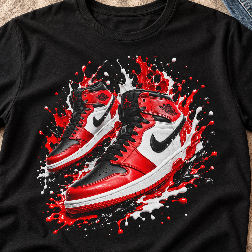 Sneaker Splash Red & Black Basketball Shoe Shirt | Streetwear Tee — close-up lifestyle flat lay