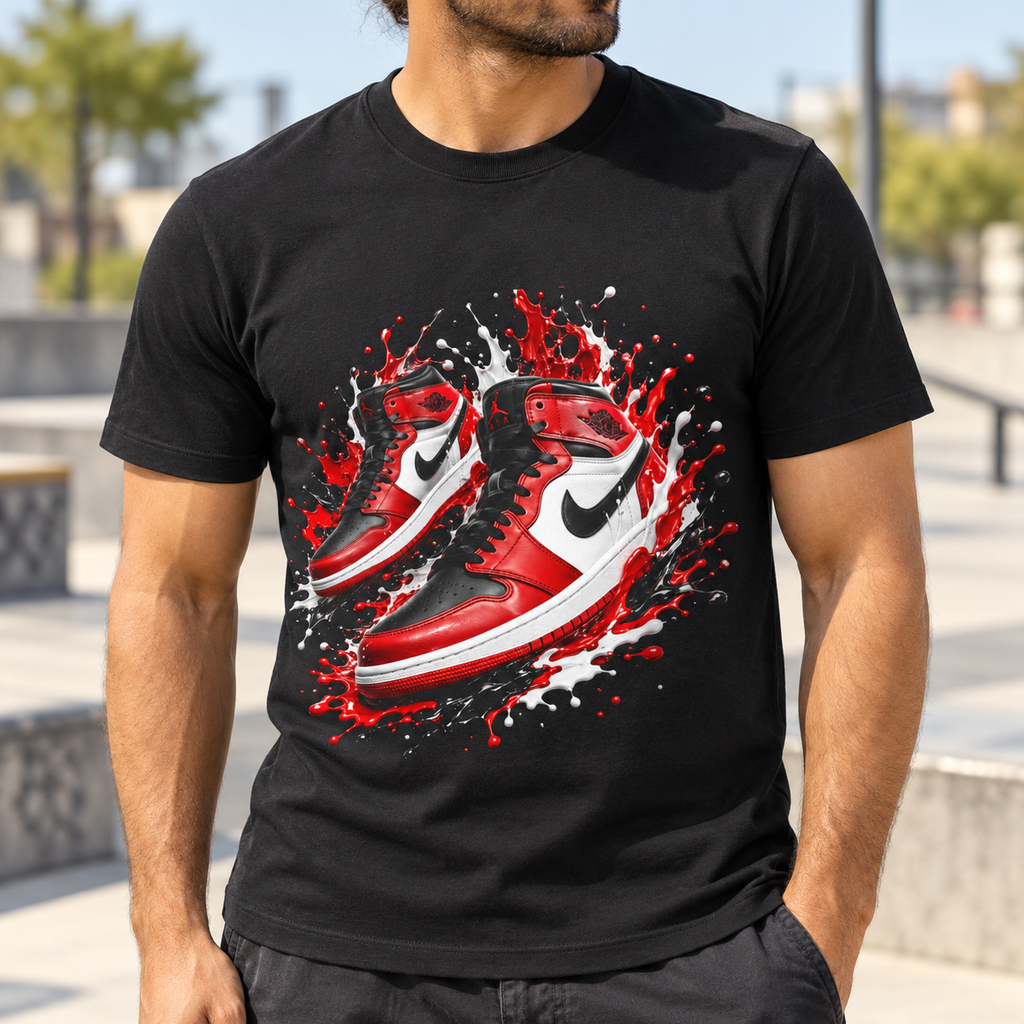 Sneaker Splash Red & Black Basketball Shoe Shirt | Streetwear Tee — close-up lifestyle mockup