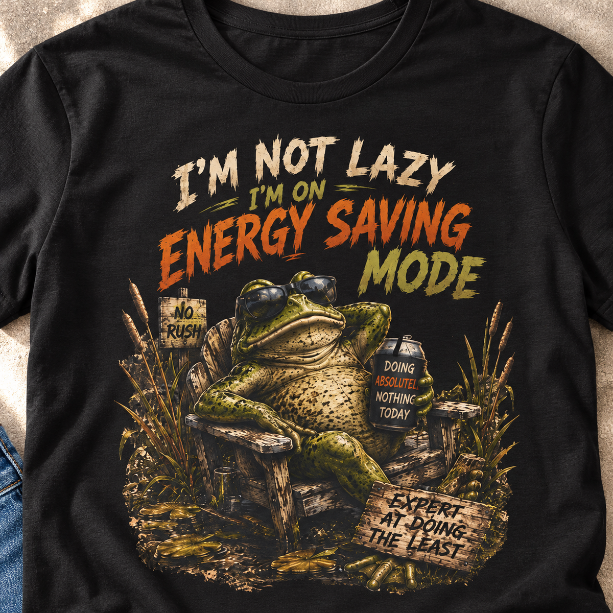 I'm Not Lazy Energy Saving Mode Frog Shirt — close-up lifestyle flat lay