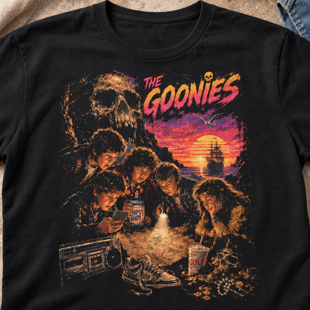 The Goonies Retro 80s Shirt | Adventure Movie Graphic Tee — close-up lifestyle flat lay