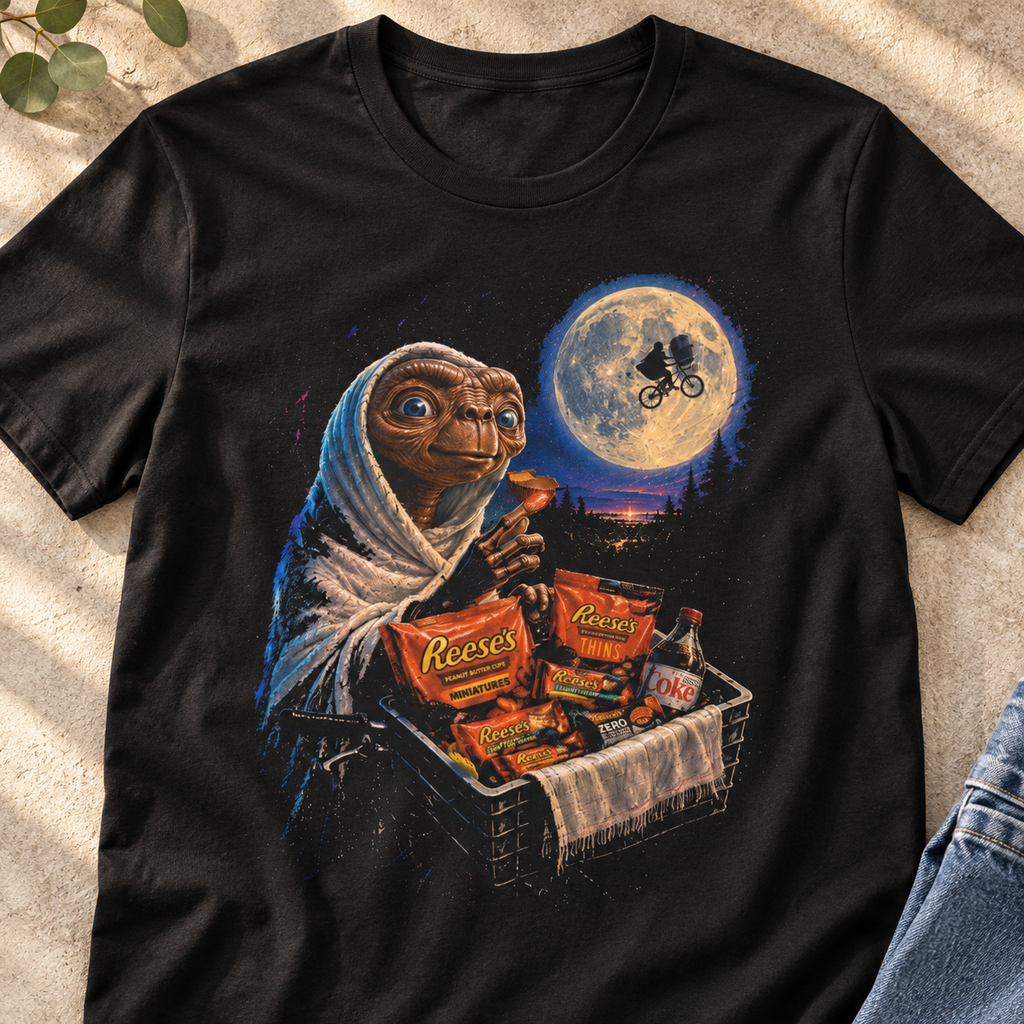 E.T. Moonlight Candy Basket Shirt | Retro Sci-Fi Tee — close-up lifestyle flat lay