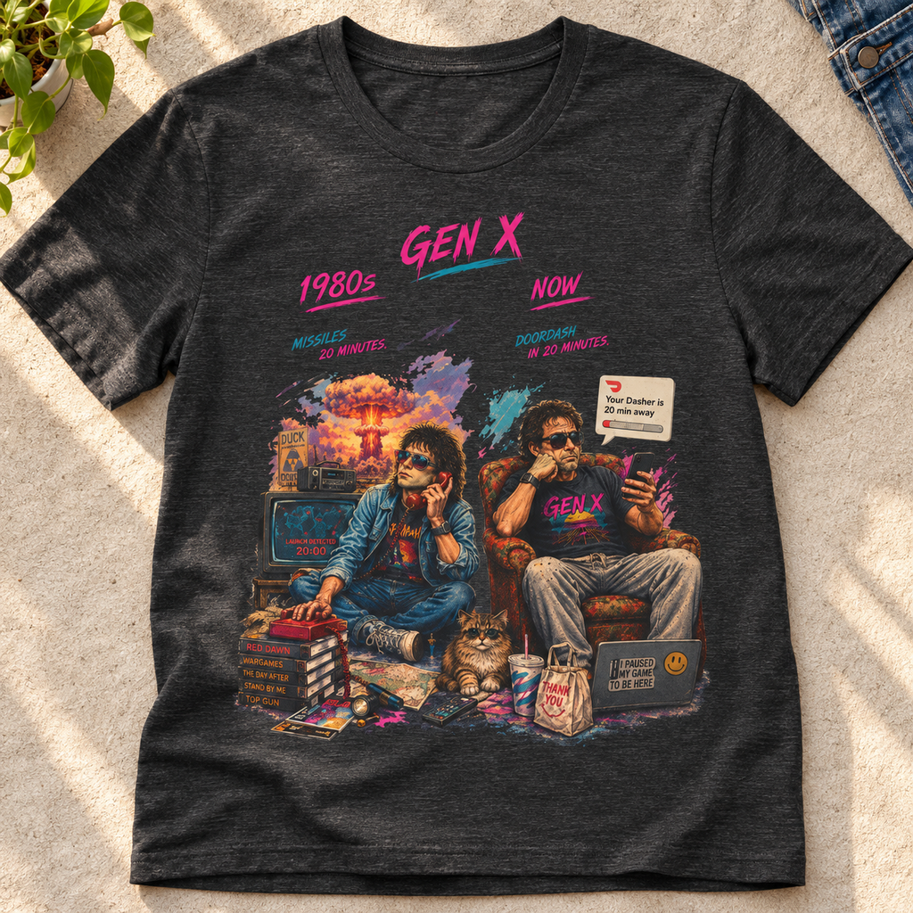 Gen X Retro Movie Night Shirt | 80s Pop Culture Tee — close-up lifestyle flat lay