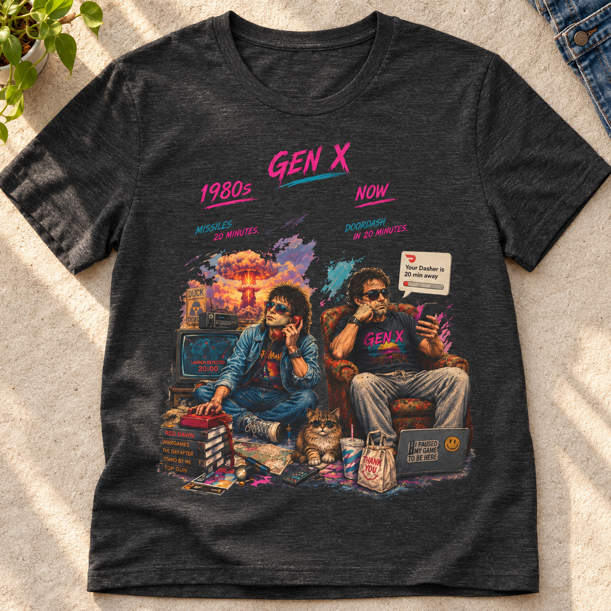 Gen X Retro Movie Night Shirt | 80s Pop Culture Tee — close-up lifestyle flat lay