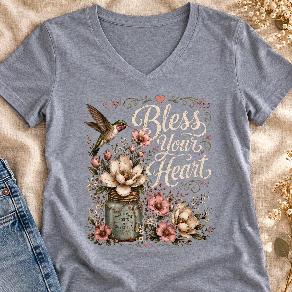 Bless Your Heart Floral V-Neck Shirt — close-up lifestyle flat lay