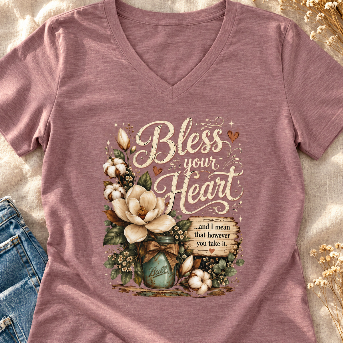 Bless Your Heart Faith V-Neck Shirt | Southern Floral Tee — close-up lifestyle flat lay