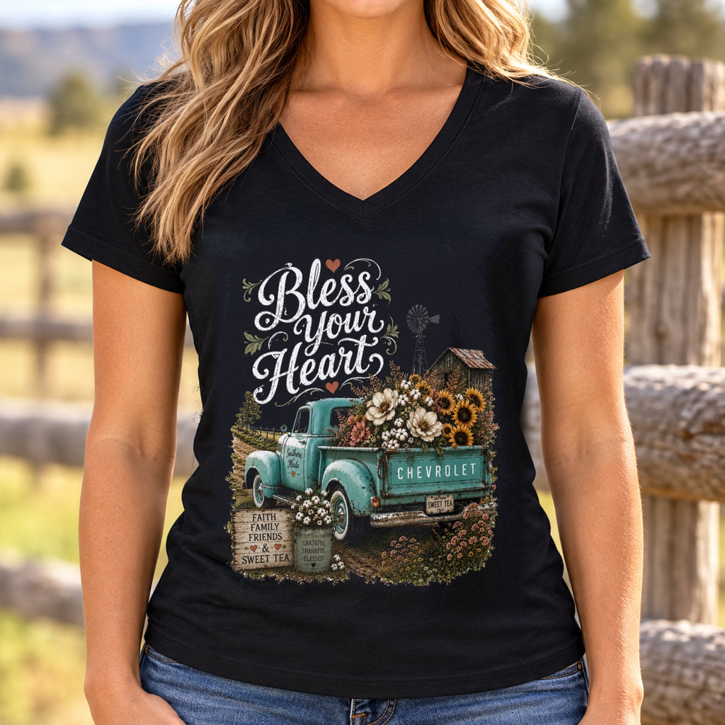 Vintage Blue Truck Sunflower V-Neck Shirt | Farmhouse Tee — woman wearing shirt with original artwork