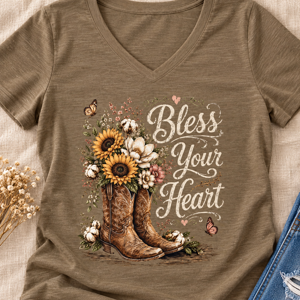 Bless Your Heart Sunflower Boot V-Neck Shirt — close-up lifestyle flat lay