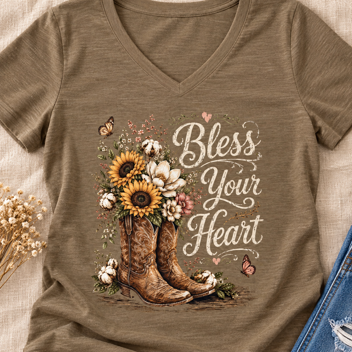 Bless Your Heart Sunflower Boot V-Neck Shirt — close-up lifestyle flat lay