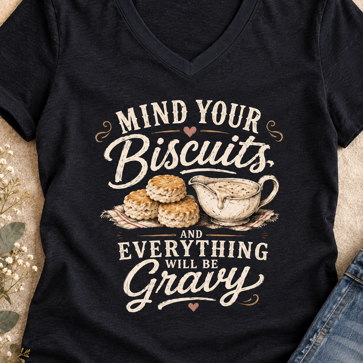 Mind Your Biscuits & Gravy V-Neck Shirt — close-up lifestyle flat lay