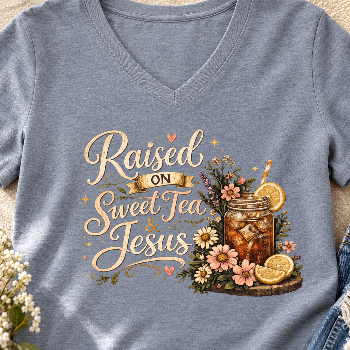 Raised on Sweet Tea Floral V-Neck Shirt | Southern Graphic Tee — close-up lifestyle flat lay