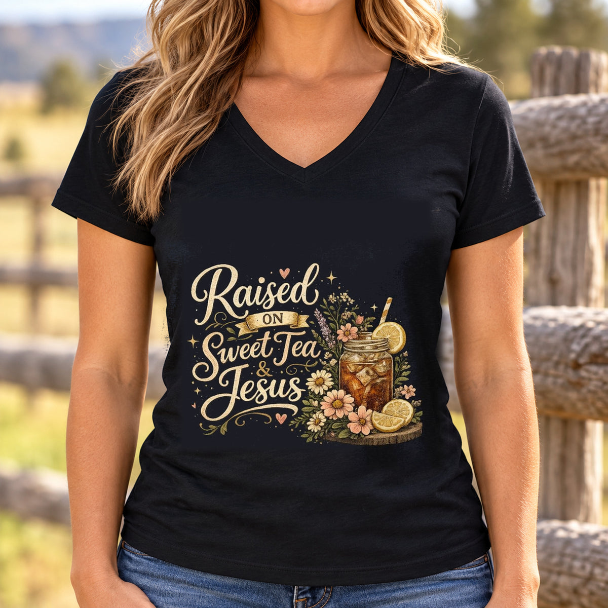 Raised on Sweet Tea Floral V-Neck Shirt | Southern Graphic Tee — woman wearing shirt with original artwork