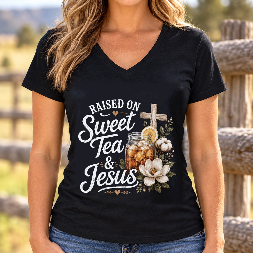 Raised on Sweet Tea & Jesus V-Neck Shirt — woman wearing shirt with original artwork