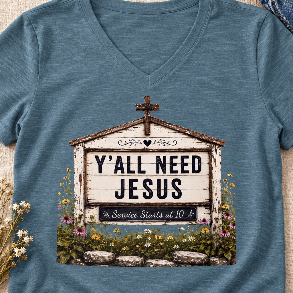 Y'all Need Jesus Church Marquee V-Neck Shirt — close-up lifestyle flat lay