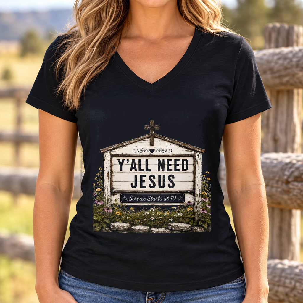 Y'all Need Jesus Church Marquee V-Neck Shirt — woman wearing shirt with original artwork