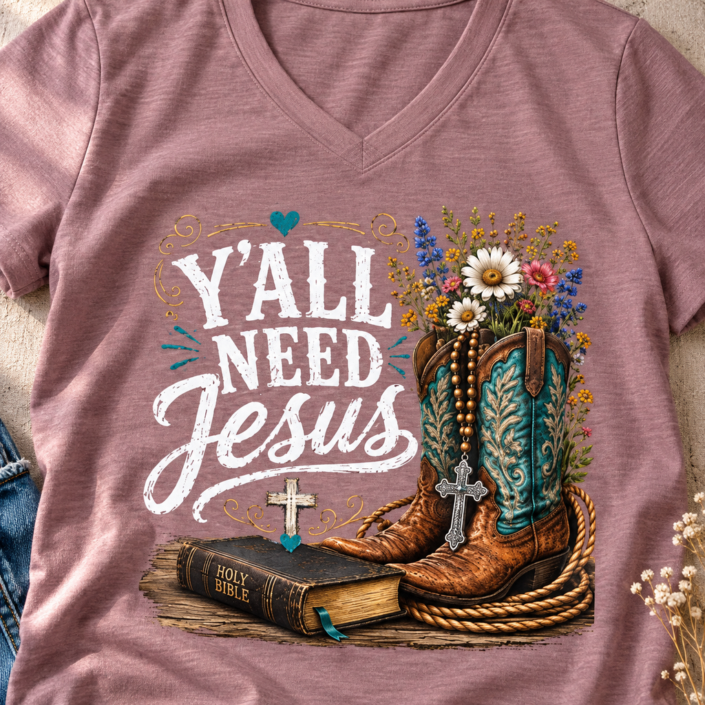 Y'all Need Jesus Floral Boots V-Neck Shirt — close-up lifestyle flat lay