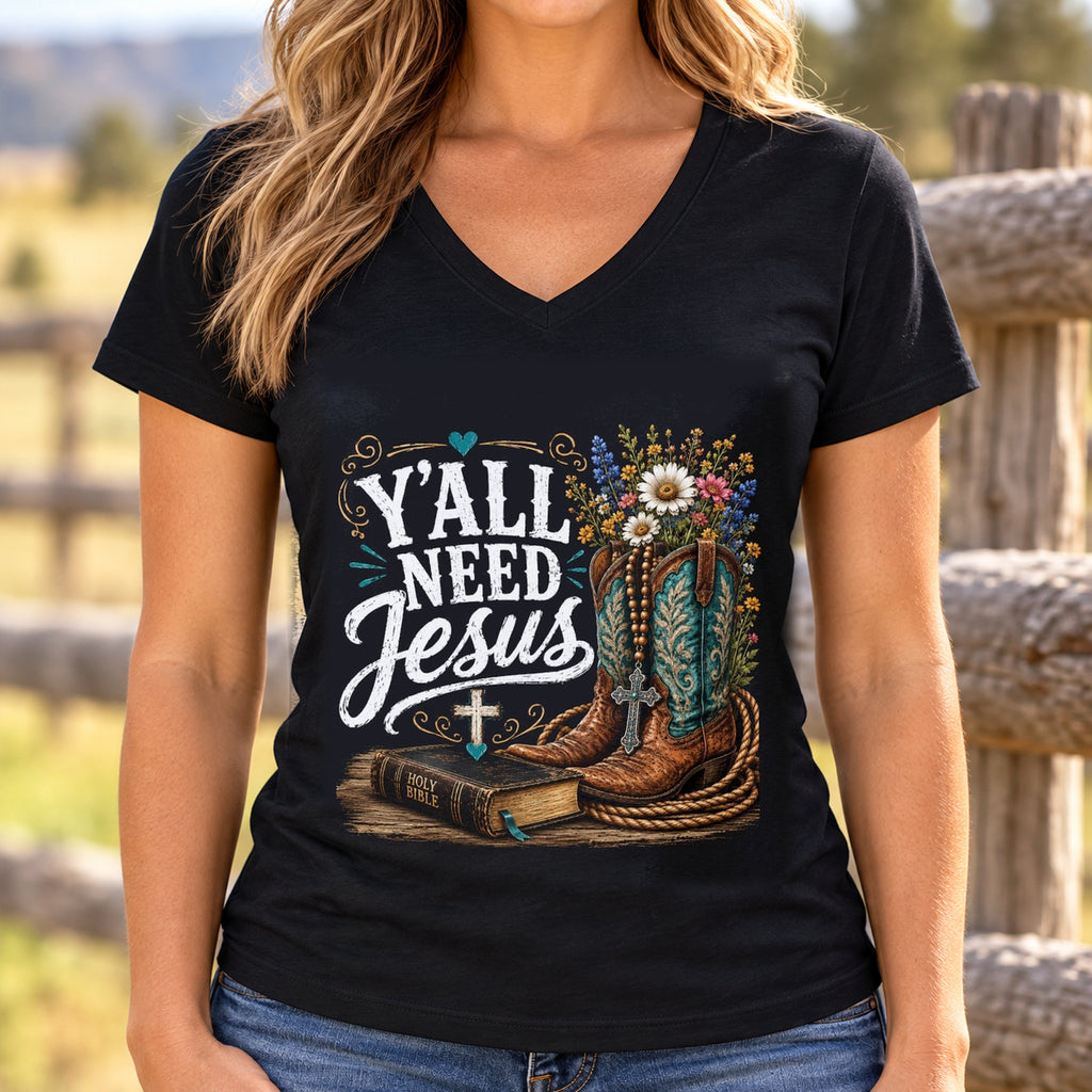 Y'all Need Jesus Floral Boots V-Neck Shirt — woman wearing shirt with original artwork