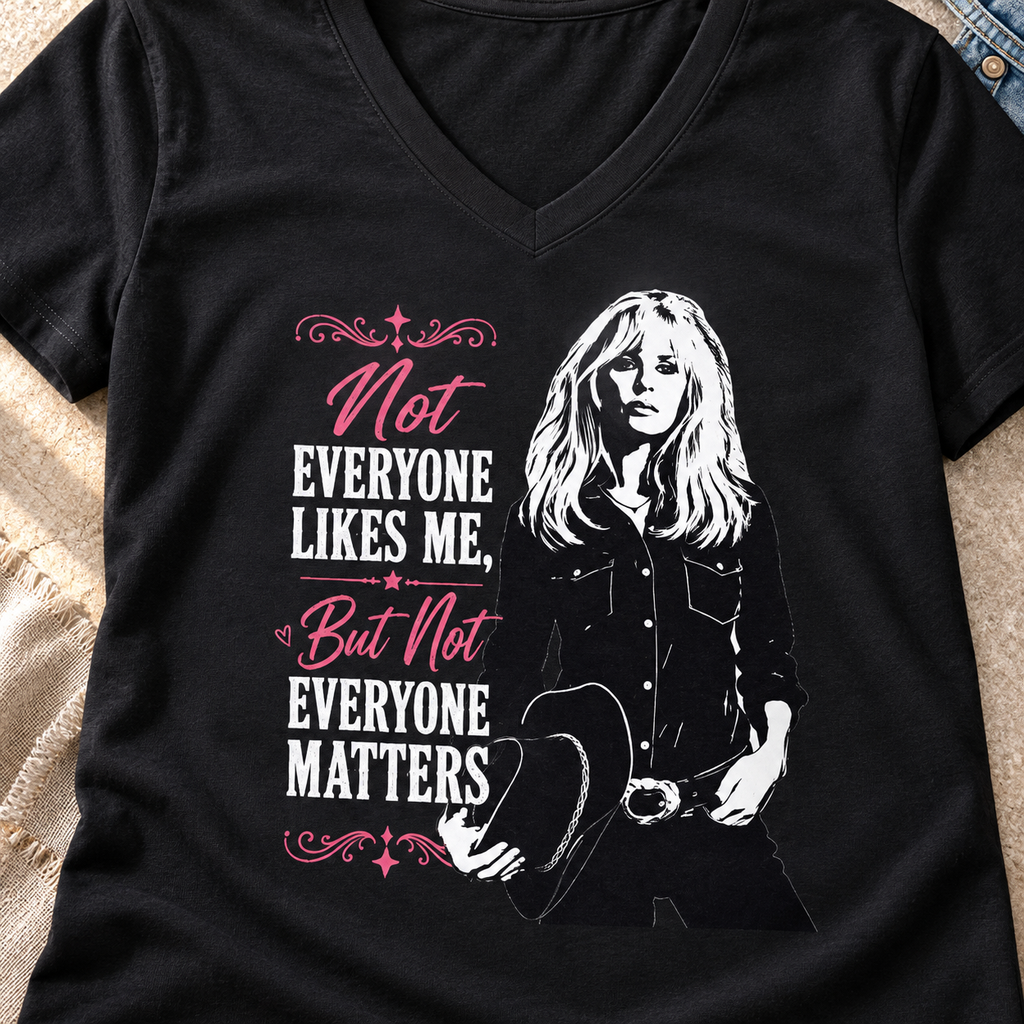 Not Everyone Likes Me V-Neck Shirt | Western Tee — close-up lifestyle flat lay