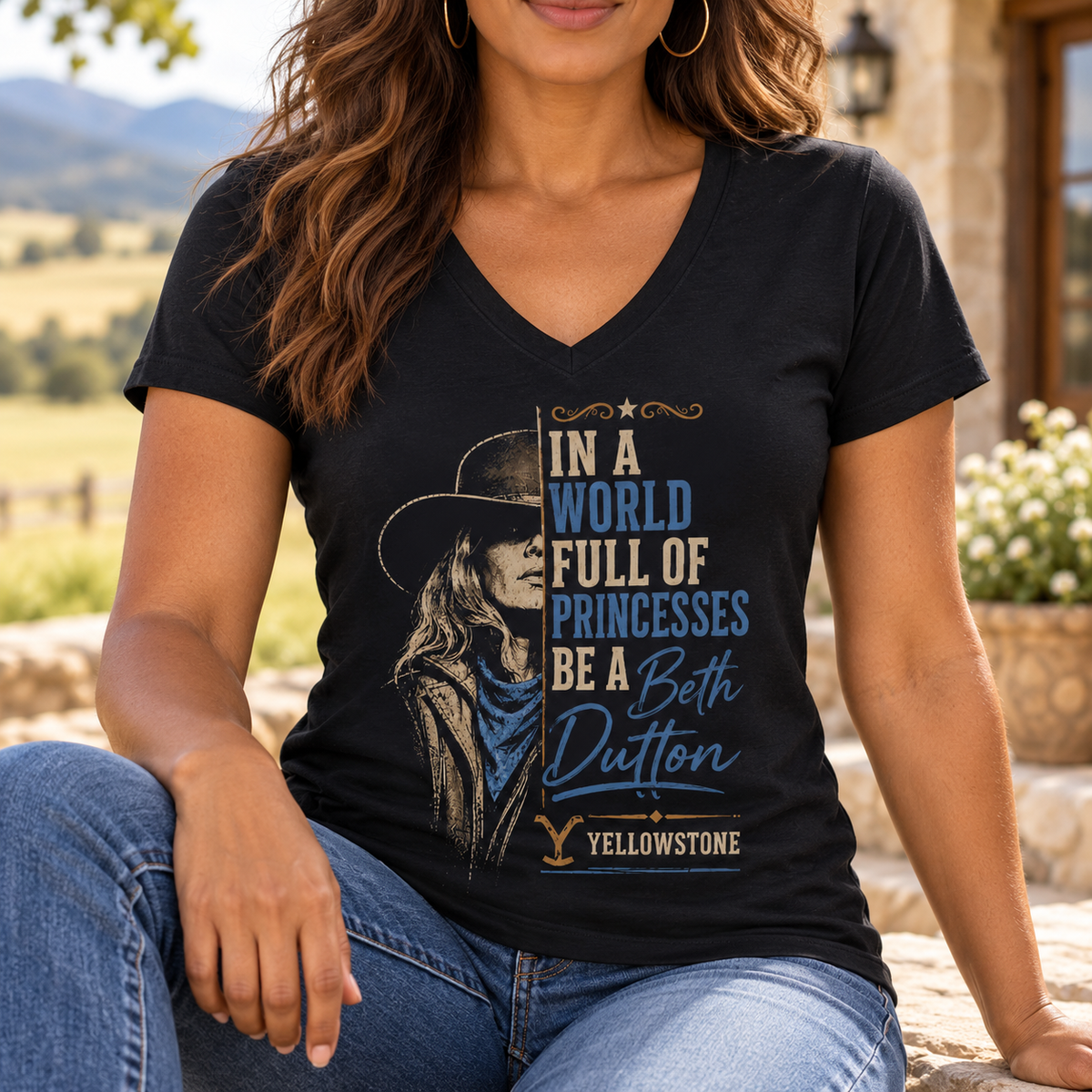 In a World Full of Princesses V-Neck Shirt | Beth Dutton Tee — close-up lifestyle mockup