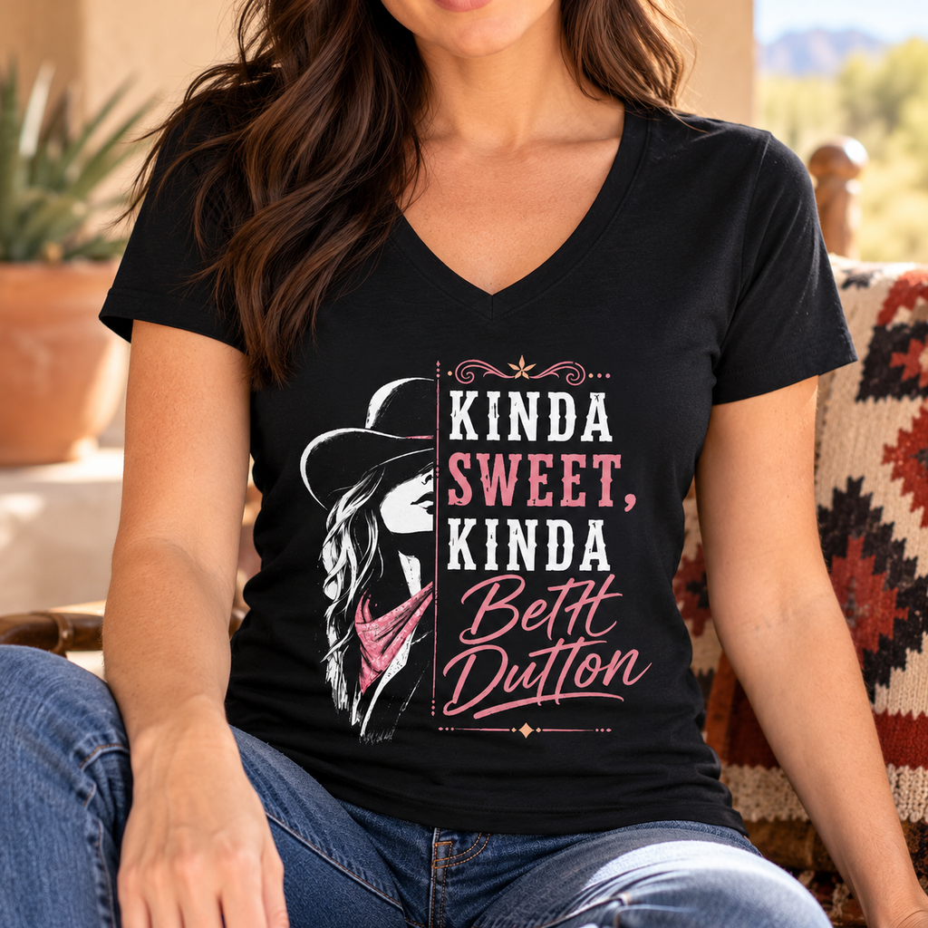 Kinda Sweet Kinda Beth Dutton V-Neck Shirt | Western Cowgirl Tee — close-up lifestyle mockup