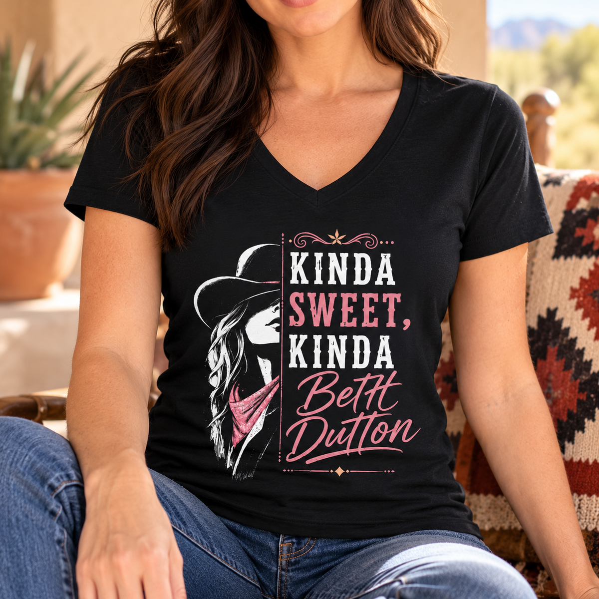 Kinda Sweet Kinda Beth Dutton V-Neck Shirt | Western Cowgirl Tee — close-up lifestyle mockup