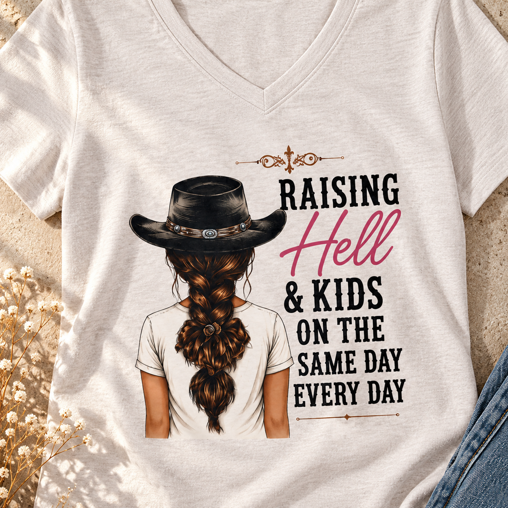 Raising Hell & Kids V-Neck Shirt | Funny Mom Tee — close-up lifestyle flat lay