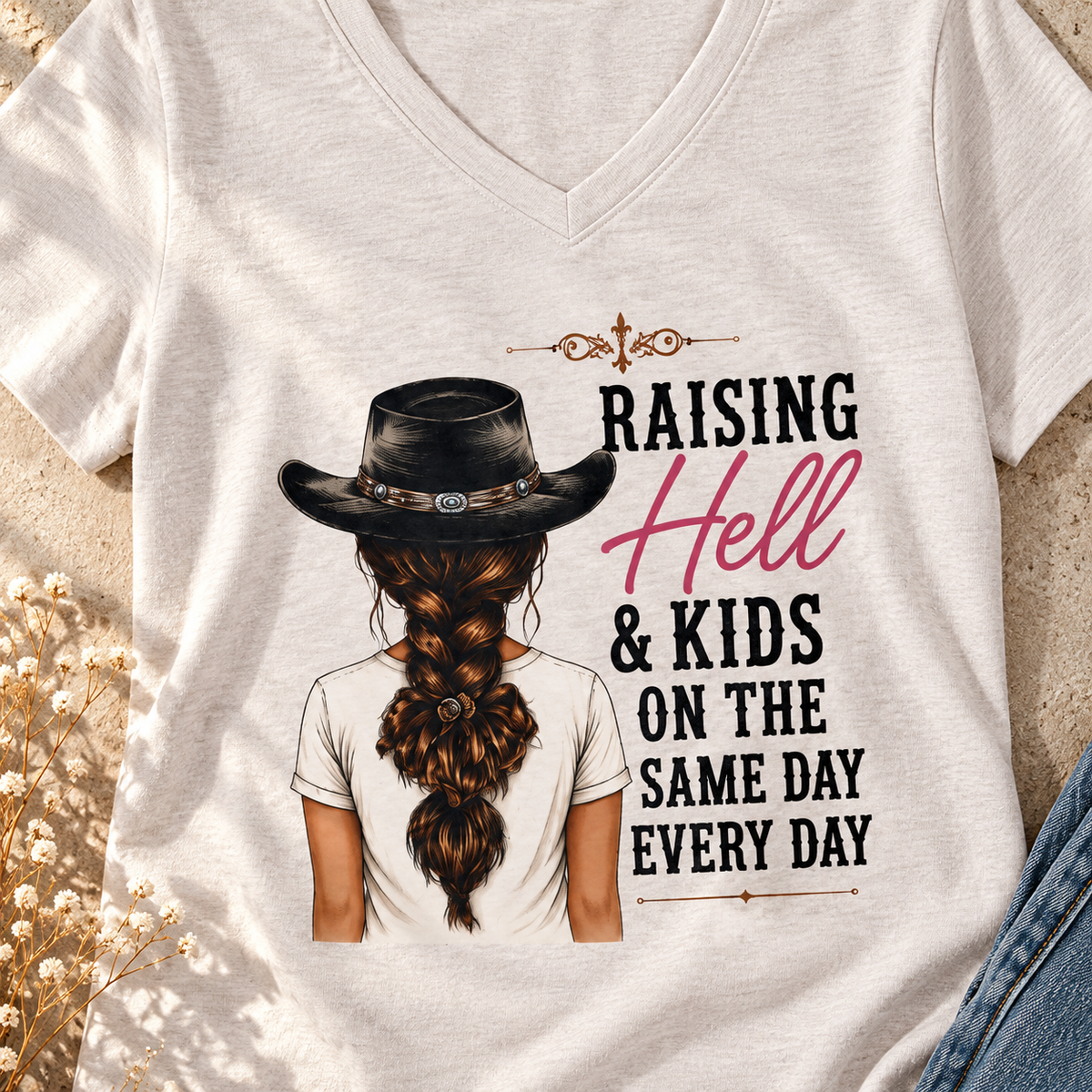 Raising Hell & Kids V-Neck Shirt | Funny Mom Tee — close-up lifestyle flat lay