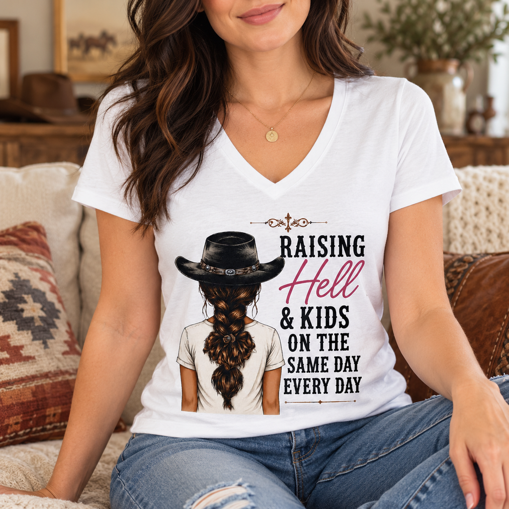 Raising Hell & Kids V-Neck Shirt | Funny Mom Tee — close-up lifestyle mockup