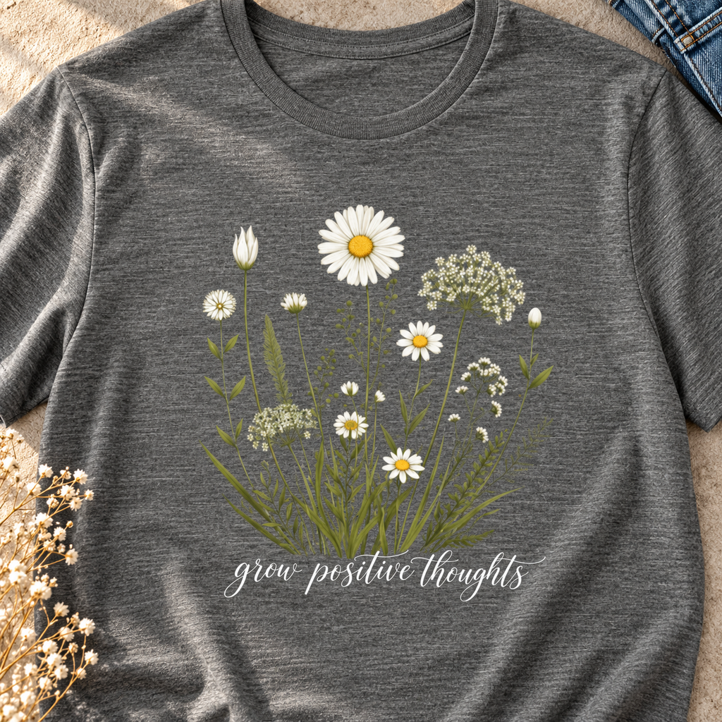 Grow Positive Thoughts Shirt | Floral Daisy Graphic Tee — close-up lifestyle flat lay