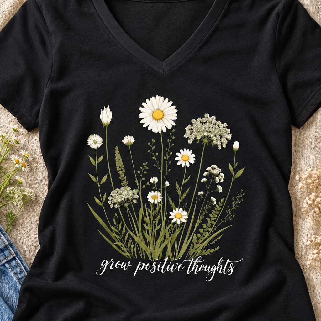 Give Positive Thoughts V-Neck Shirt | Daisy Floral Tee — close-up lifestyle flat lay