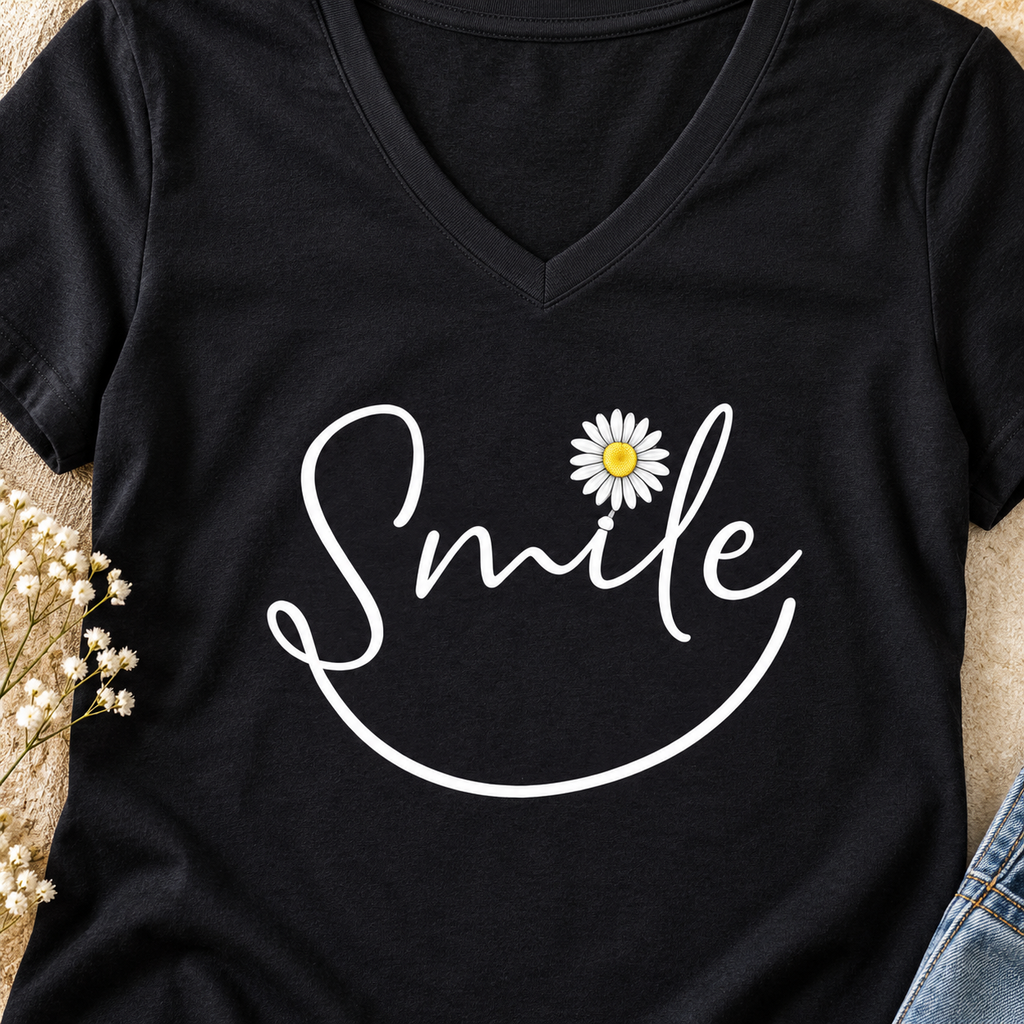Smile Daisy V-Neck Shirt | Positive Floral Tee — close-up lifestyle flat lay