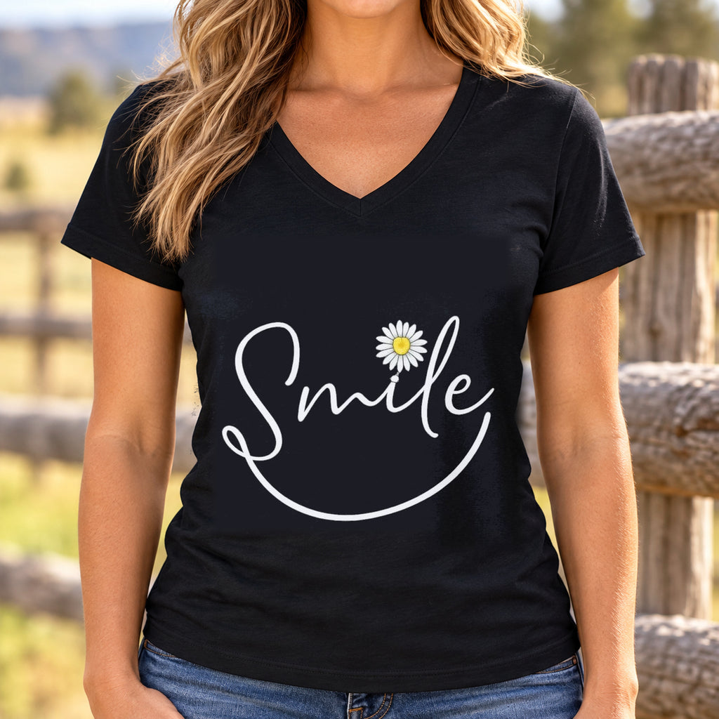 Smile Daisy V-Neck Shirt | Positive Floral Tee — woman wearing shirt with original artwork