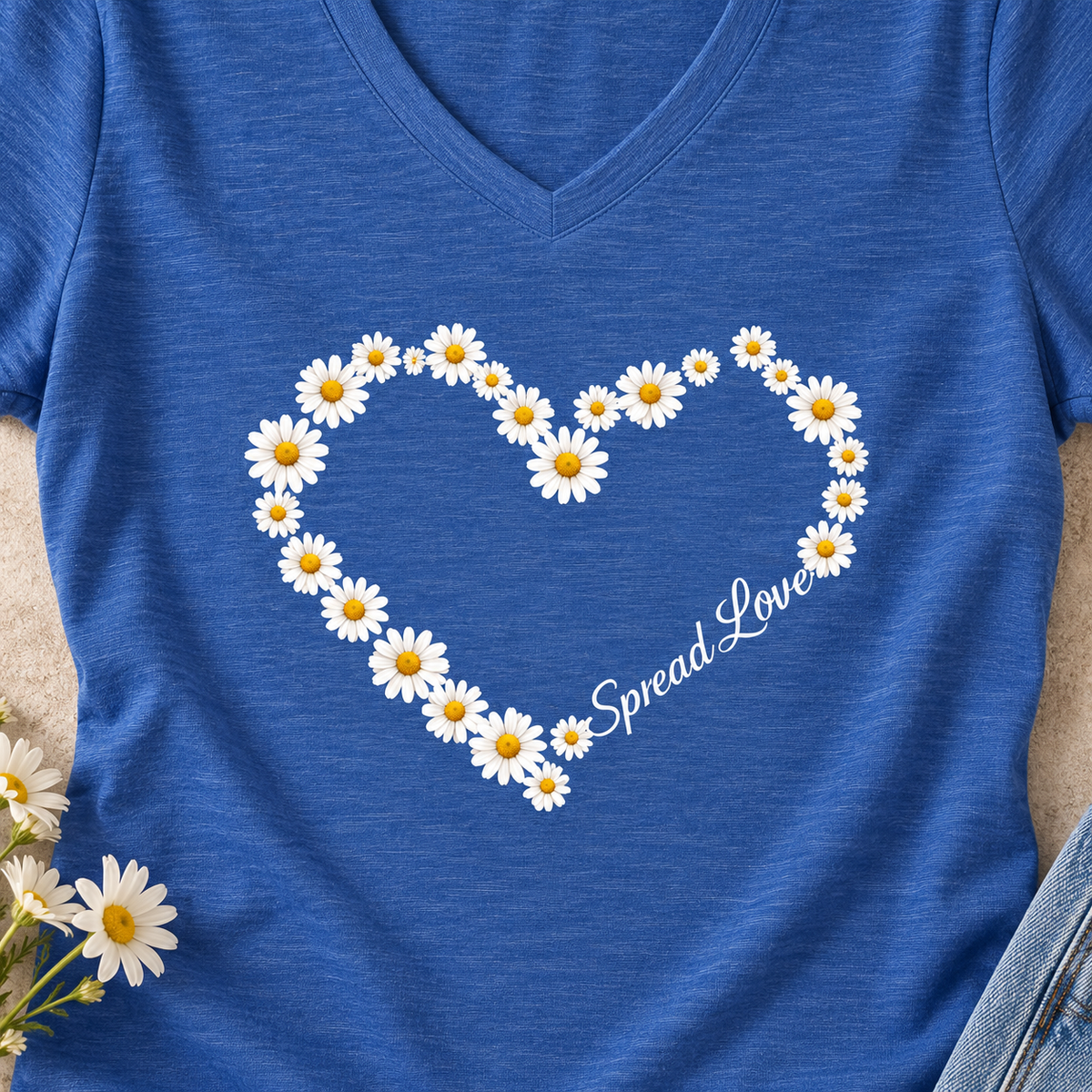Spread Love Daisy Heart V-Neck Shirt | Women's Floral Tee — close-up lifestyle flat lay