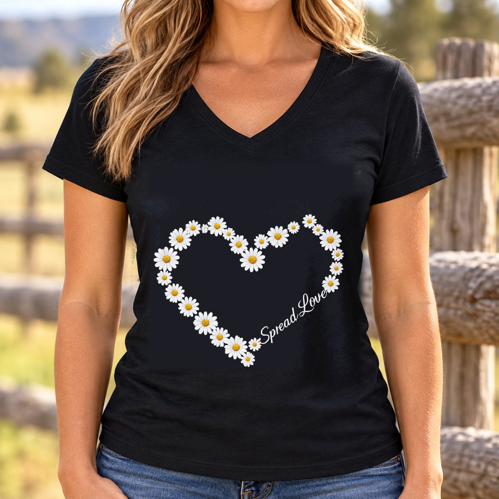 Spread Love Daisy Heart V-Neck Shirt | Women's Floral Tee — woman wearing shirt with original artwork