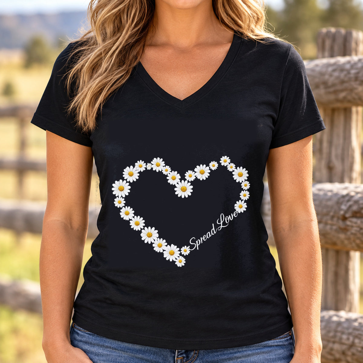 Spread Love Daisy Heart V-Neck Shirt | Women's Floral Tee — woman wearing shirt with original artwork