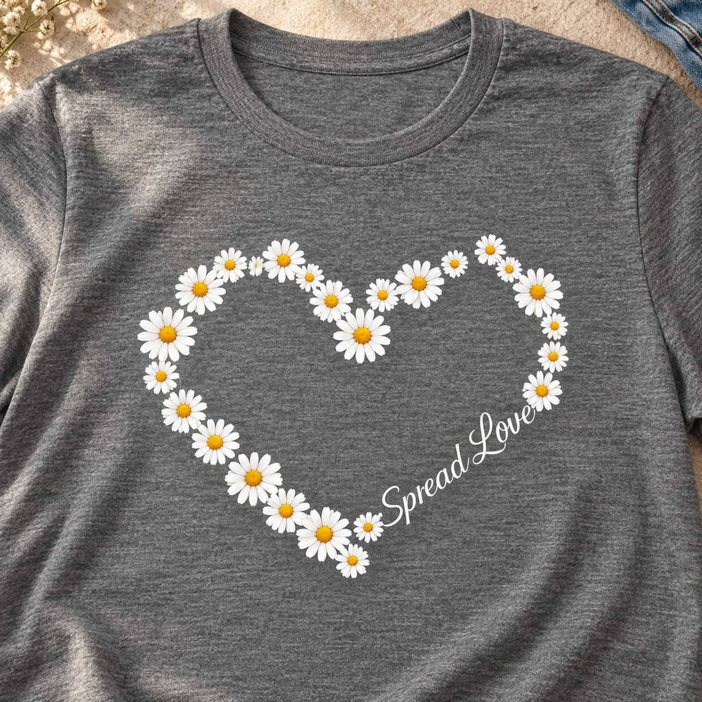 Spread Love Daisy Heart Shirt | Positive Floral Graphic Tee — close-up lifestyle flat lay