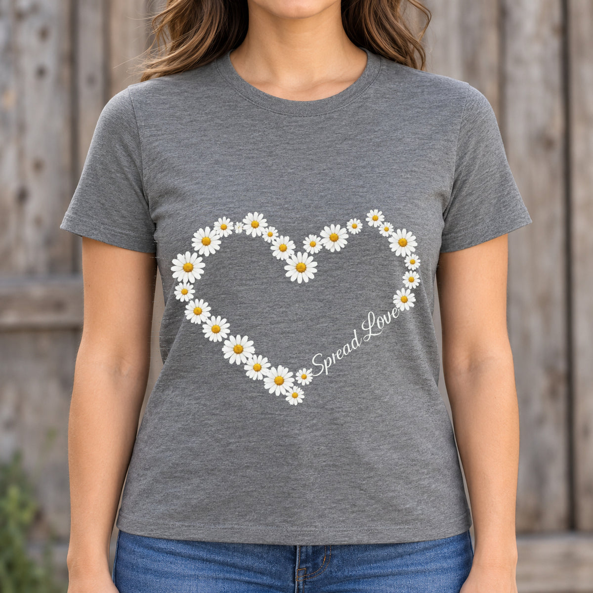 Spread Love Daisy Heart Shirt | Positive Floral Graphic Tee — woman wearing shirt with original artwork