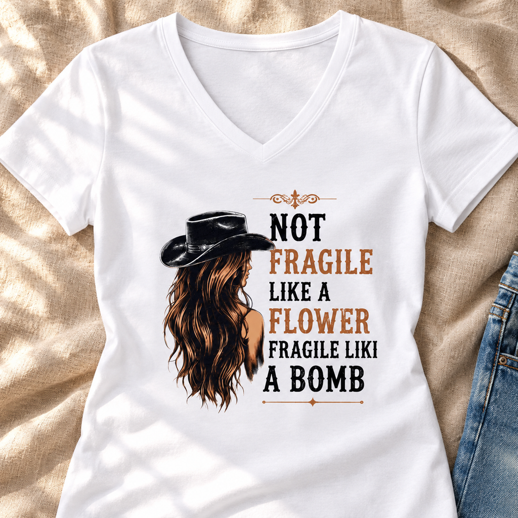 Beth Dutton Not Fragile Like a Flower V-Neck Shirt | Western Tee — close-up lifestyle flat lay