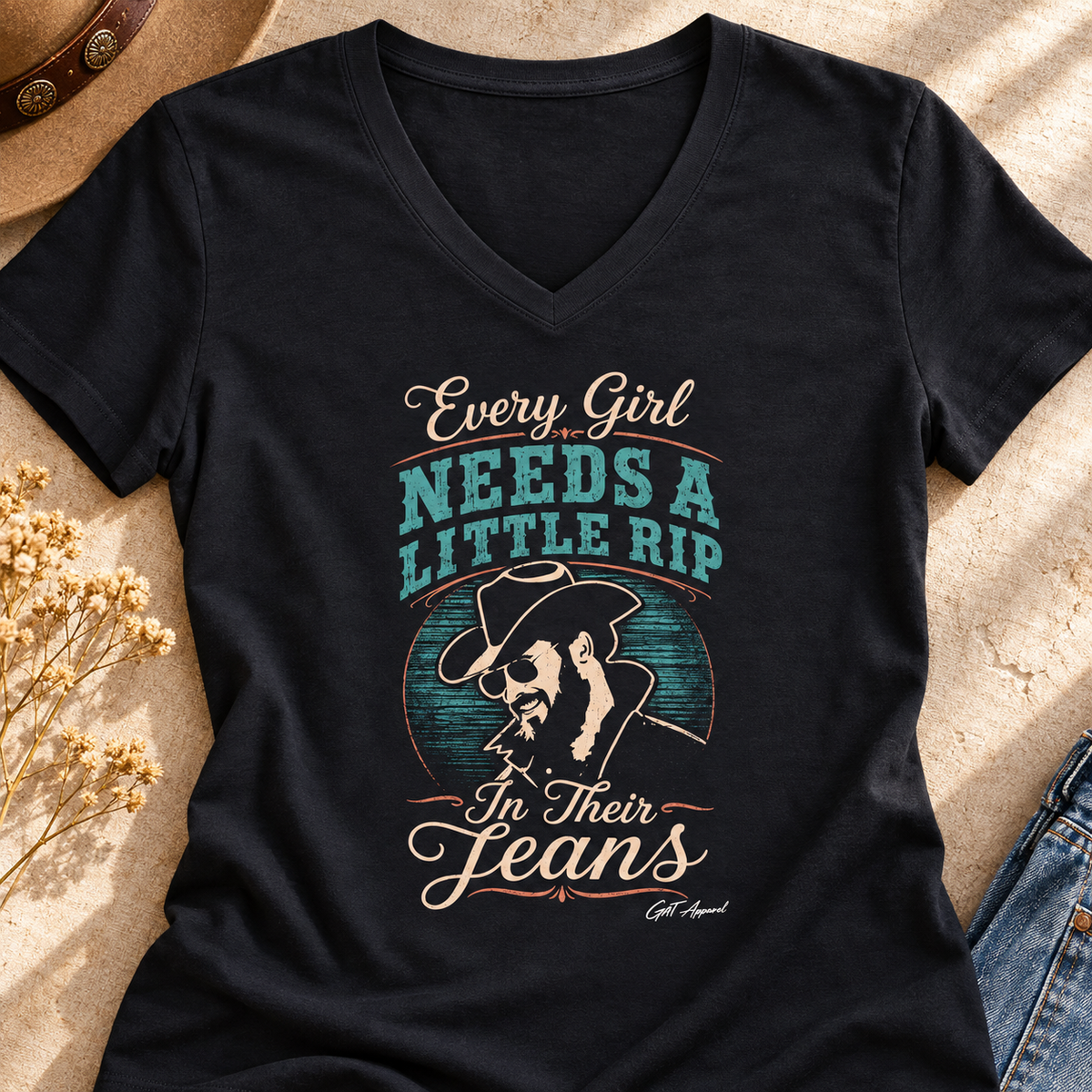 Every Girl Needs a Little Rip V-Neck Shirt | Western Cowgirl Tee — close-up lifestyle flat lay