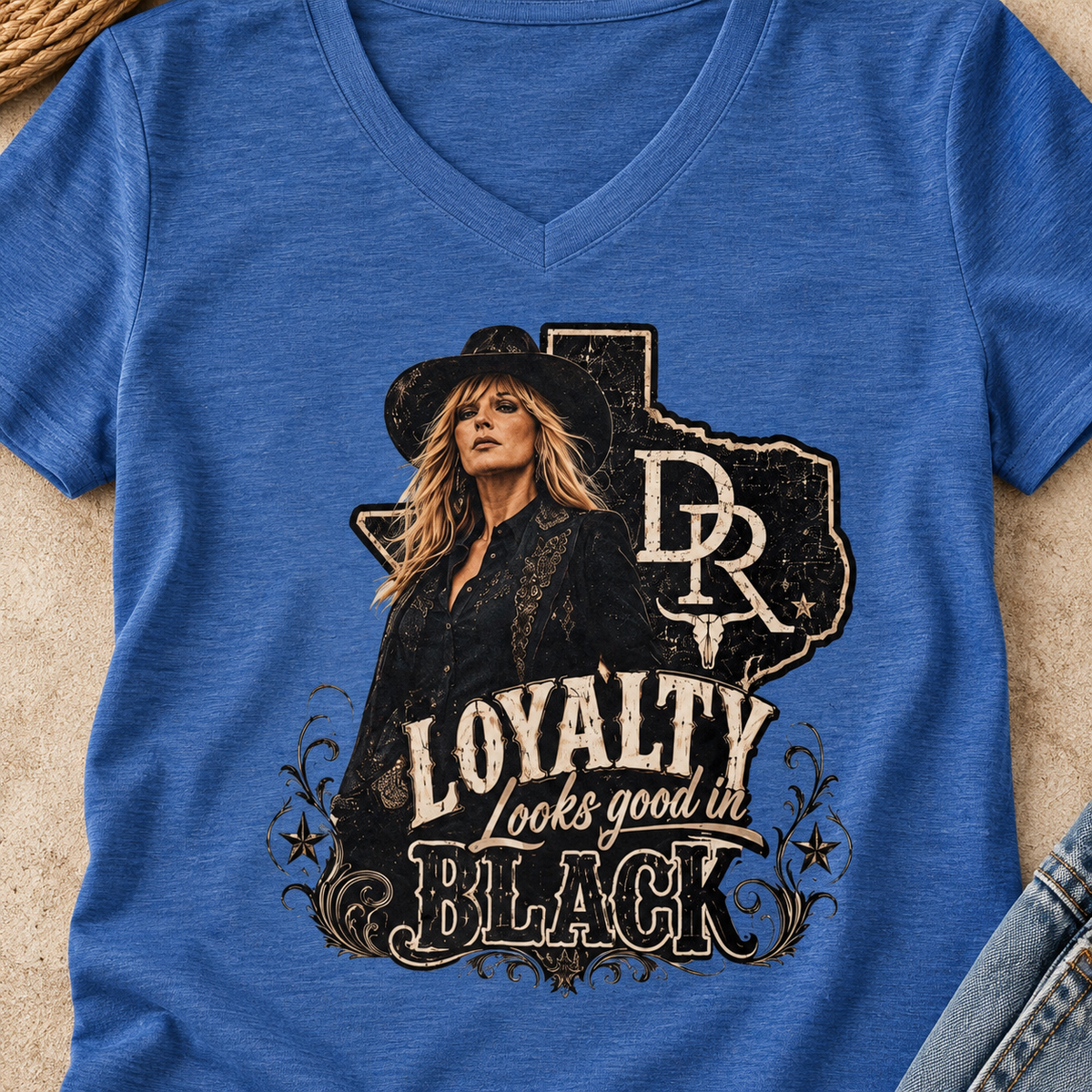 Loyalty Looks Good in Black V-Neck Shirt | Western Cowgirl Tee — close-up lifestyle flat lay