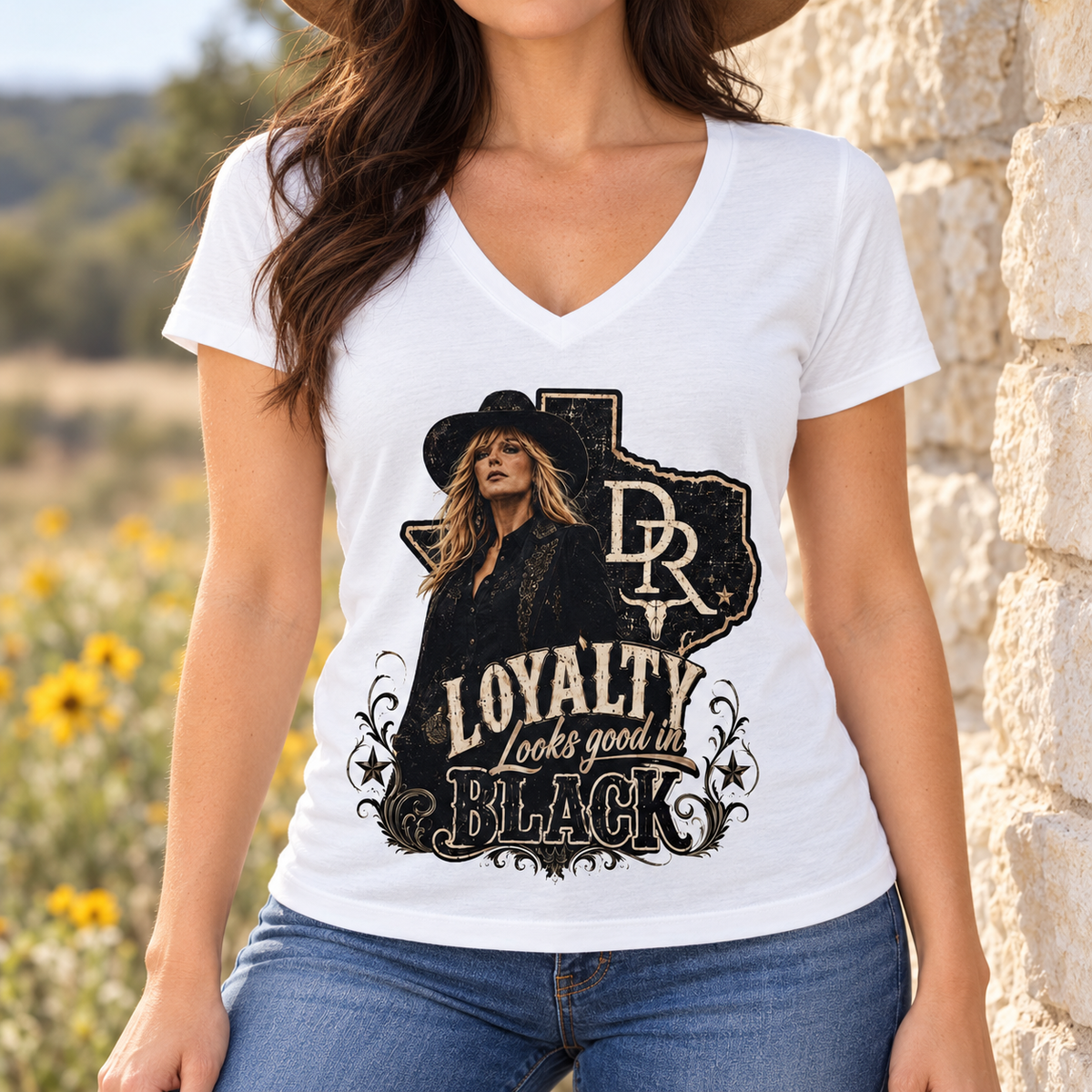 Loyalty Looks Good in Black V-Neck Shirt | Western Cowgirl Tee — close-up lifestyle mockup