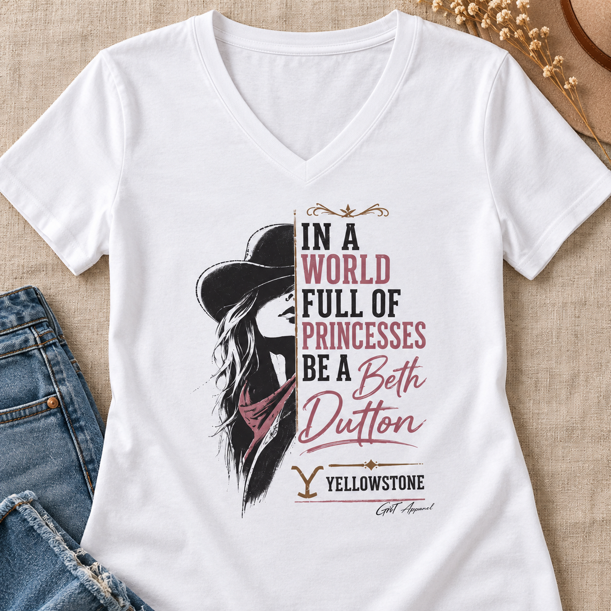 Be a Beth Dutton V-Neck Shirt | Yellowstone Western Tee — close-up lifestyle flat lay