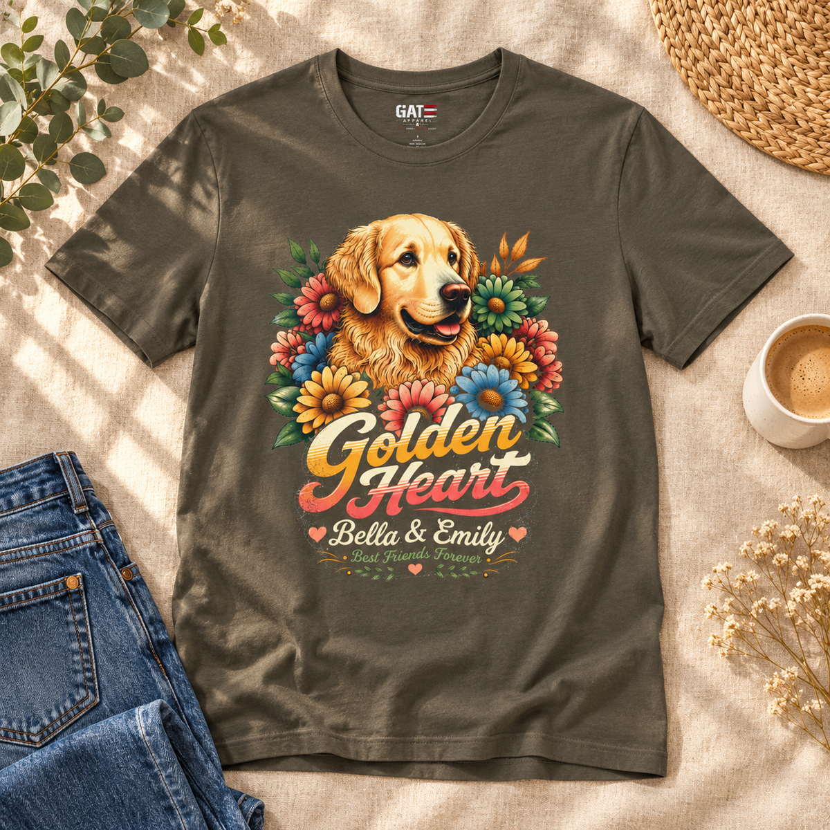 Personalized Golden Retriever Shirt | Custom Pet Name — close-up lifestyle flat lay