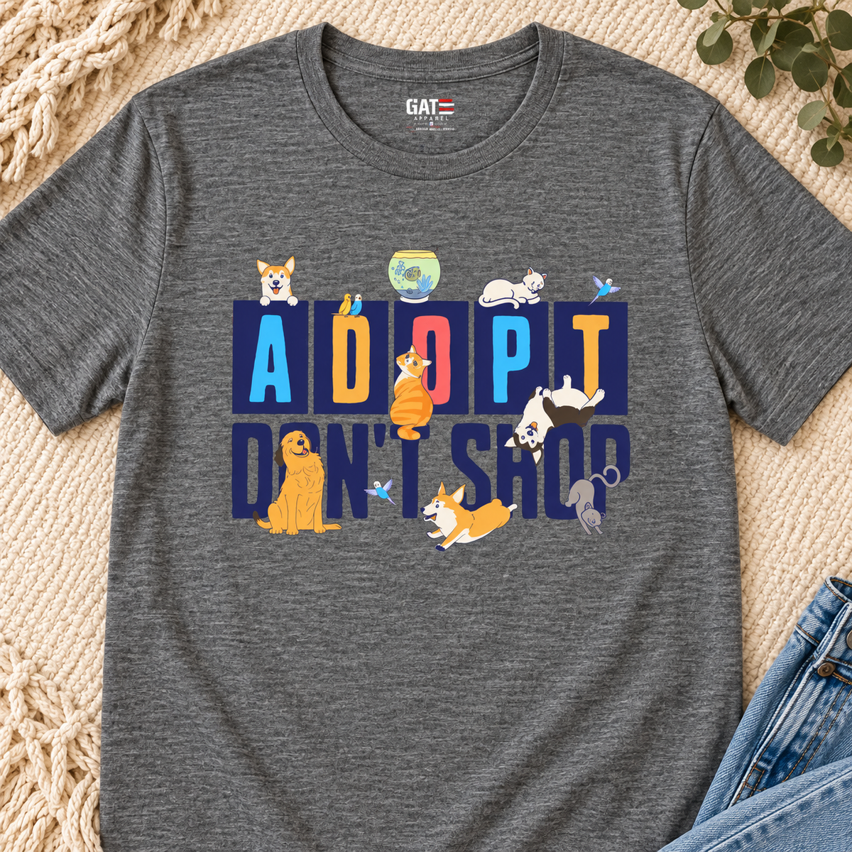 Adopt Don't Shop Shirt | Rescue Pet Graphic Tee — close-up lifestyle flat lay